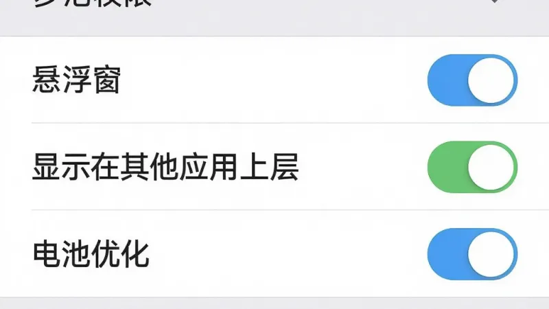一张手机权限设置界面截图示意图,主体为设置菜单列表,布局为纵向排列的权限开关项,风格为系统原生UI风格,细节包含“悬浮窗”“显示在其他应用上层”“电池优化”三个高亮开关按钮,画质清晰干净、无多余图标