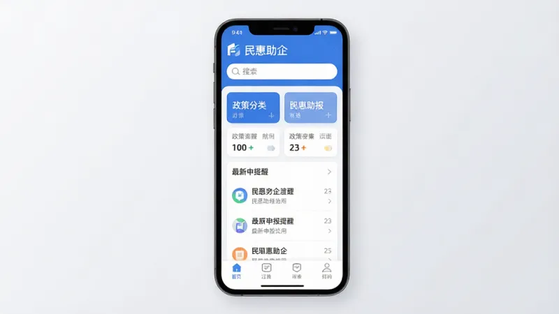 民惠助企应用主界面全貌展示，手机屏幕居中放置，屏幕内显示蓝白配色的应用首页，顶部有“民惠助企”文字标识和搜索框，中部为政策分类卡片和最新申报提醒列表，底部为导航栏，背景为干净的浅灰色渐变，风格现代扁平化，细节圆润清晰，画质干净无多余元素
