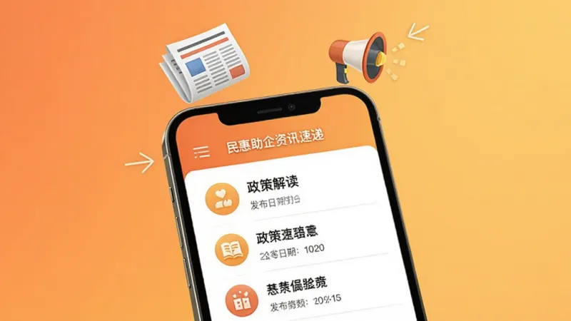 民惠助企资讯速递页面展示，手机屏幕显示政策解读文章列表，每篇文章配有小图标和发布日期，手机上方漂浮着报纸和喇叭图标，背景为暖色调渐变，风格亲切生活化，画质干净无杂乱元素