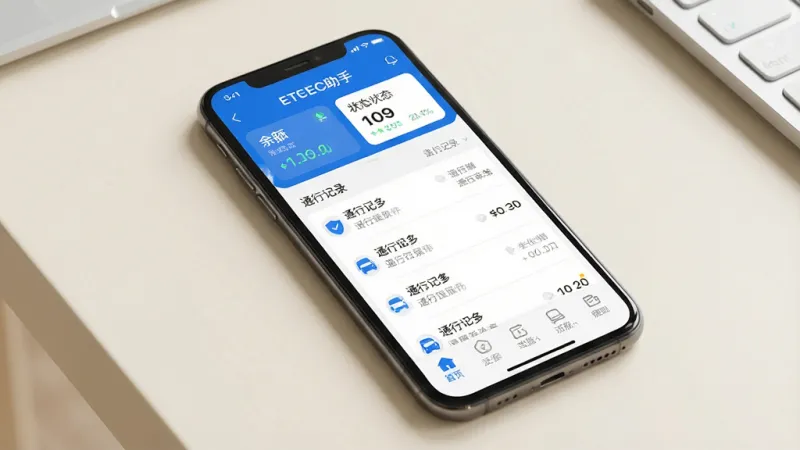 一张手机屏幕展示“高速路ETC助手”应用主界面的图片,画面中央是手机模型,屏幕里显示蓝白配色的ETC管理界面,顶部有余额和状态卡片,中间是通行记录列表,底部是功能导航栏,背景是干净浅色桌面,风格简洁现代,细节清晰,画质干净,无多余元素