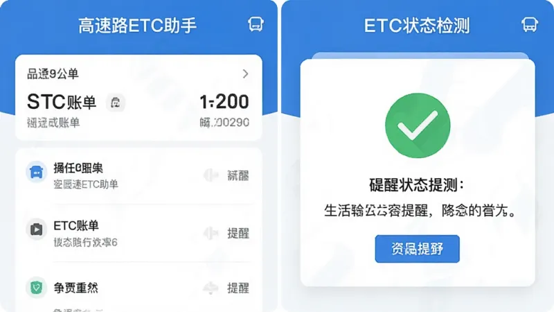 一张展示“高速路ETC助手”功能界面的图片,画面分为左右两块,左侧是通行账单列表,右侧是ETC状态检测卡片,卡片上有绿色对勾图标和提醒信息,整体布局清晰,蓝白配色,风格现代扁平,画质干净,无多余元素