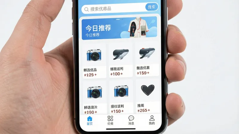 手机屏幕特写,画面中央显示“鲸选优品”App的首页界面,顶部是搜索框和今日推荐横幅,中间是网格状排列的商品卡片,每张卡片上标注着商品图、名称和预估返利金额,底部导航栏有首页、分类、消息、我的四个图标,整体布局干净整洁,以白色和浅蓝色为主色调,风格现代扁平化,画质清晰锐利,无多余装饰元素