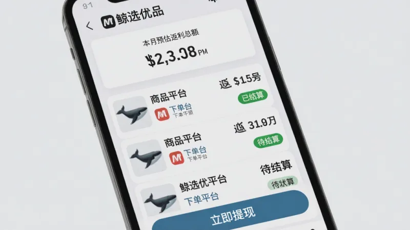 手机屏幕展示“鲸选优品”的返利记录页面,页面顶部是本月预估返利总额的数字卡片,下方是垂直排列的订单列表,每条记录左侧有商品小图,右侧显示商品名称、下单平台图标、返利金额和状态标签(如“已结算”“待结算”),底部有醒目的“立即提现”按钮,界面风格简洁明快,背景为浅灰色,文字为深灰色,画质干净无杂乱元素
