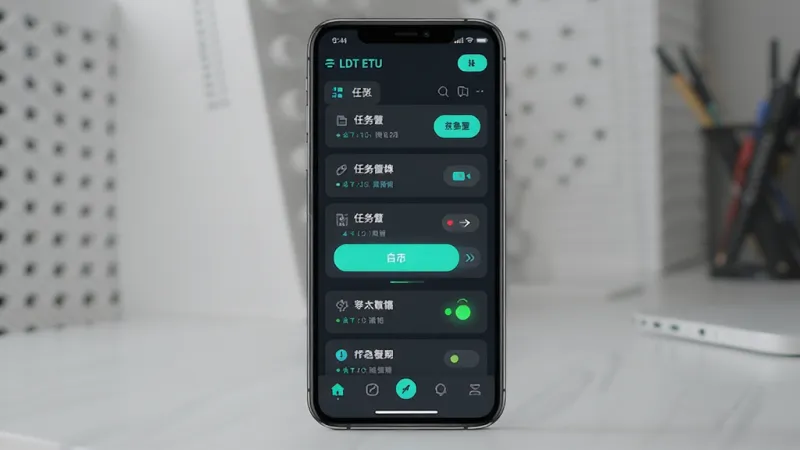 一张展示手机自动化工具LDT ETU主界面的场景图，画面中央是一部智能手机，屏幕显示LDT ETU应用的主控制面板，面板上有任务列表、启动按钮和状态指示灯，界面以深色背景搭配青绿色高亮按钮，布局清晰分为顶部状态栏、中部任务卡片区和底部导航栏，风格为现代科技感扁平设计，细节圆润，画质干净清晰，无多余元素