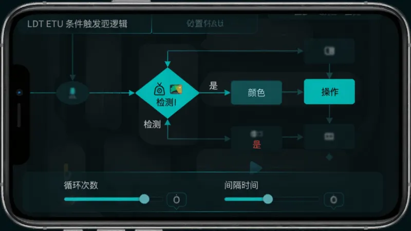 一张展示LDT ETU条件触发逻辑设置界面的图片，手机屏幕显示一个流程图，流程图中包含菱形判断节点和矩形操作节点，判断节点旁标注着文字检测和颜色检测图标，分支线上有是和否的标签，界面底部有循环次数和间隔时间的设置滑块，风格为深色科技风，青绿色高亮线条，布局清晰，画质干净无多余元素