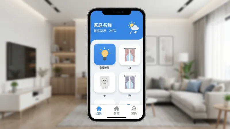 造梦者App主界面全貌展示，画面中央是手机屏幕，屏幕内显示简洁的智能家居控制面板，顶部为家庭名称和天气信息，中部排列着智能灯、插座、窗帘等设备卡片，底部为场景、房间、我的三个导航标签，整体采用蓝白配色，风格现代扁平，图标圆润清晰，背景为虚化的现代家居环境，画质干净明亮，无多余元素