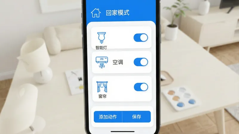 造梦者App场景编辑界面展示，手机屏幕内呈现场景联动设置页，上方为“回家模式”场景名称，下方依次排列智能灯、空调、窗帘的设备图标与开关状态，底部有添加动作和保存按钮，界面采用卡片式布局，蓝白主色调，图标为线性风格，背景为简洁的浅色家居桌面，画质清晰干净，无杂乱元素