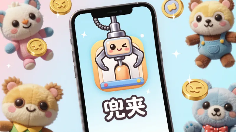 画面主体是一部智能手机，屏幕中央显示“兜夹”APP的卡通风格图标，一个可爱的夹娃娃机爪子从图标中伸出。手机周围环绕着几个不同造型的毛绒玩具和游戏币。布局采用中心对称构图，手机略微倾斜显得动感。排版上软件图标和名称位于视觉中心，背景是柔和的渐变粉蓝色。风格为轻松活泼的3D卡通渲染，细节上夹子有金属光泽，毛绒玩具纹理柔软，游戏币有反光效果。画质清晰明亮，干净无多余元素。