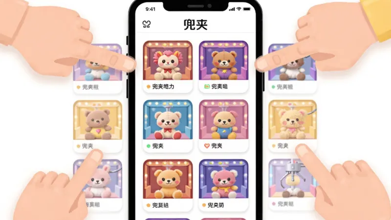 画面主体是“兜夹”APP的界面截图风格插画，展示一个手机屏幕内排列着多个抓娃娃房间的缩略图，每个缩略图里有不同款式的毛绒玩具。布局采用网格状排列，手机屏幕外有几只手在点击不同的房间卡片。排版上屏幕居中，卡片大小一致，信息清晰。风格为扁平化UI设计风格，细节上卡片有圆角阴影，房间内娃娃颜色鲜艳，界面文字使用“兜夹”标识。画质干净清爽，无杂乱元素。