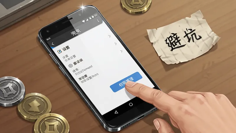 画面主体是一部安卓手机放在桌面上，屏幕显示“兜夹”APP的设置页面，旁边有一只手正在点击“权限管理”按钮，手机周围散落着几个游戏币和一张写着“避坑”的小纸条。布局采用俯视视角，手机位于画面中央偏左。排版上设置页面清晰可见，手指动作明确。风格为写实生活风插画，细节上手机边框有反光，游戏币有金属质感，纸条边缘微微卷起。画质干净自然，无杂乱背景。