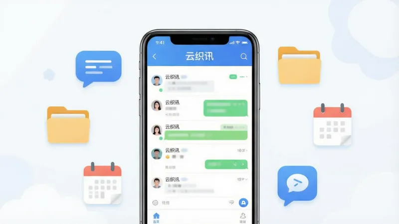 一张展示云织讯软件核心全貌的宣传图,画面中央是手机屏幕,屏幕内显示云织讯的聊天列表与文件传输界面,界面顶部有