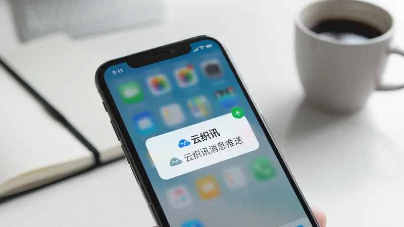 一张表现云织讯消息推送功能的场景图,画面中一部手机屏幕亮起,显示云织讯收到新消息的提醒弹窗,弹窗上有