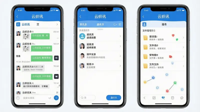 一张展示云织讯界面布局的示意图,画面中并排展示三部手机,分别呈现云织讯的聊天列表页、通讯录页和文件管理页,每部手机屏幕顶部都有