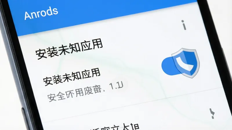 一张手机安全设置界面示意图，画面展示安卓手机设置页面中「安装未知应用」权限开关的特写，界面文字清晰可辨，旁边配有一个盾牌图标表示安全提示，整体采用系统原生风格，蓝白配色，画面干净整洁，高清画质，无多余元素