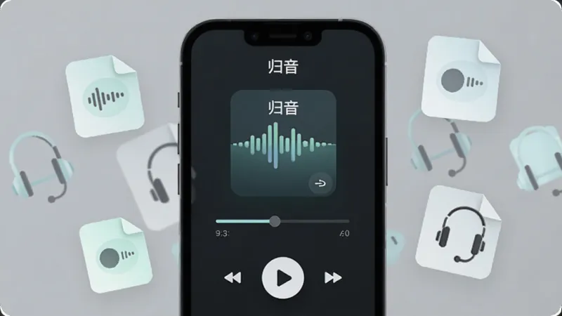 画面中央是一部智能手机,屏幕上显示着“归音”应用的主界面,界面以深色背景搭配柔和的蓝绿色波形图标,上方是正在播放的音频封面和进度条,下方是简洁的播放控制按钮,周围散落着几个悬浮的音频文件图标和耳机符号,整体布局干净清爽,风格现代扁平化,细节圆润,画质清晰干净,无多余元素