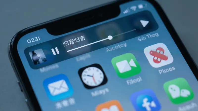 画面展示“归音”应用在后台运行时的状态,手机屏幕上方有一条简洁的播放控制条,显示音频标题和播放进度,背景是手机主屏幕的其他应用图标,整体色调偏冷色系,风格写实,布局自然,画质清晰干净,无多余装饰元素