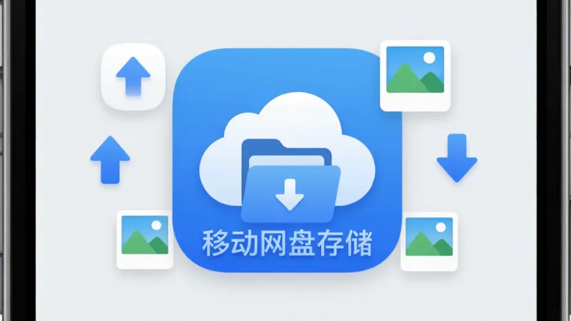 一张手机应用商店风格的软件宣传图,画面中央是“移动网盘存储”App图标,图标为蓝白配色的云朵与文件夹组合图形,周围环绕上传下载箭头、照片文件图标,背景是浅灰色简洁布局,风格现代扁平化,细节圆润干净,画质清晰无多余元素
