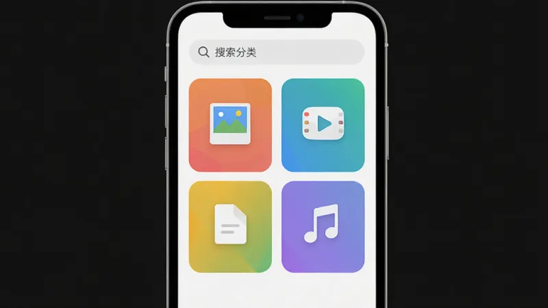 “移动网盘存储”App文件分类界面示意图,主体为手机屏幕,屏幕内显示照片、视频、文档、音乐四个彩色分类卡片,布局为2x2网格排列,顶部有搜索栏,风格清新扁平,细节简洁,画质干净无多余元素