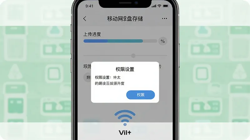 “移动网盘存储”App新手操作指引示意图,主体为手机屏幕,画面中显示上传进度条、权限设置弹窗和WiFi连接图标,布局为上下分层,风格简洁扁平,细节清晰,画质干净无多余元素