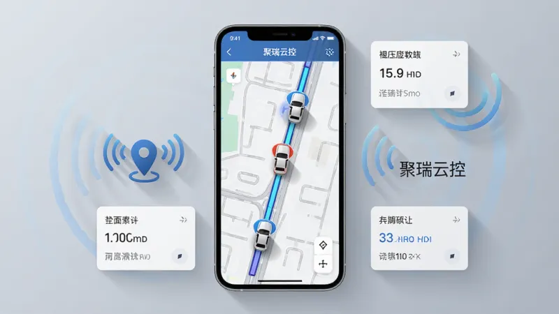 画面中央是一部手机,屏幕上展示聚瑞云控的实时定位地图界面,地图上有车辆图标和行驶轨迹线,手机两侧悬浮着定位信号图标和时间显示,布局为手机居中、周围环绕数据小卡片,风格为简约科技风,细节包括地图道路纹理、车辆图标阴影、信号波纹,画质高清干净无多余元素