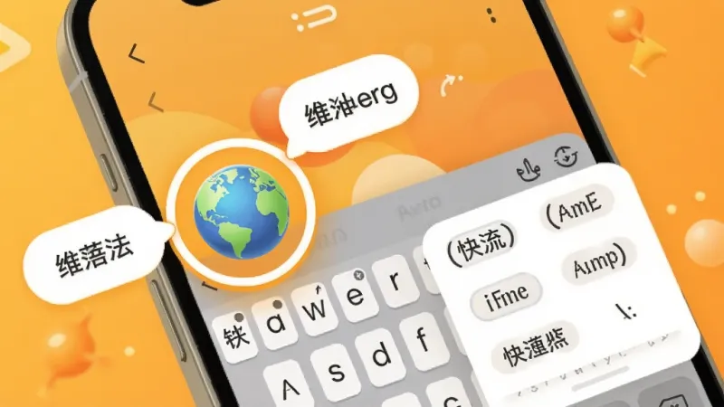 一张展示Awaz智能输入法多语言切换与快捷输入功能的图片,画面中手机屏幕显示键盘界面,地球图标被高亮圈出,旁边有汉语、维语、英文的切换气泡,屏幕上还显示着快捷短语面板,背景是温暖的橙黄色调,风格活泼现代,细节圆润,画质清晰,无多余元素