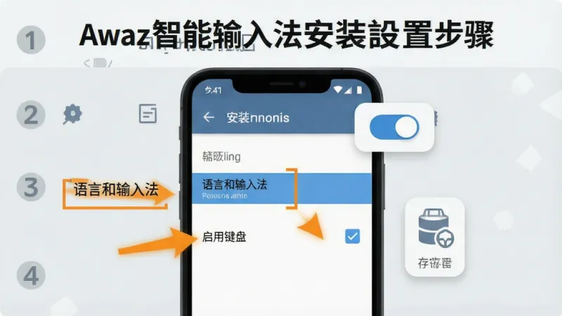 一张展示Awaz智能输入法安装设置步骤的图片,画面中手机屏幕显示设置界面,高亮标注着“语言和输入法”选项,旁边有箭头指向“启用键盘”的勾选框,屏幕上还漂浮着权限开关图标和缓存清理图标,背景是浅灰色调带步骤编号,风格教程类扁平设计,细节清晰,画质干净,无多余元素