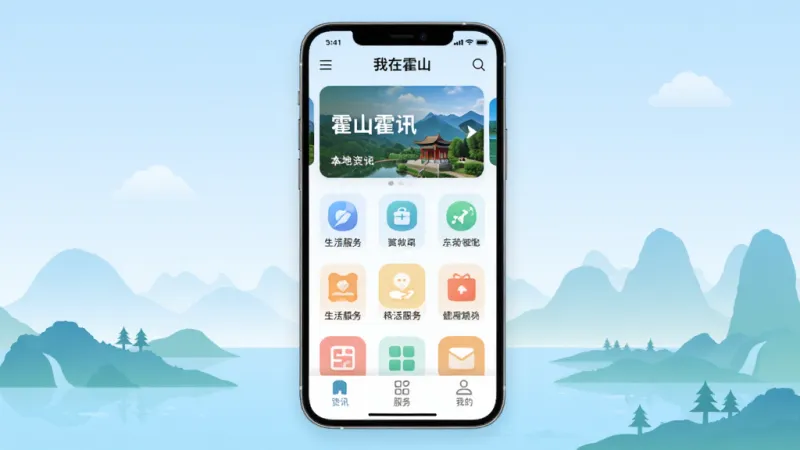 手机应用界面展示，画面中央是一部竖屏手机，屏幕上显示“我在霍山”APP首页，顶部有霍山本地资讯轮播图，中间是生活服务功能图标网格，底部为资讯、服务、我的三个选项卡，背景是淡蓝色渐变，周围点缀霍山山水剪影元素，风格现代扁平，细节圆润，画质干净清晰，无多余元素