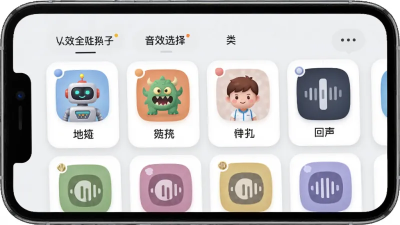 一张展示Voice Changer音效选择界面的图片,手机屏幕中显示分类标签和音效图标网格,图标包括机器人、怪兽、小孩、回声等,每个图标下方有中文标签,背景为浅色卡片式布局,风格清爽,细节圆润,画质干净,无多余元素