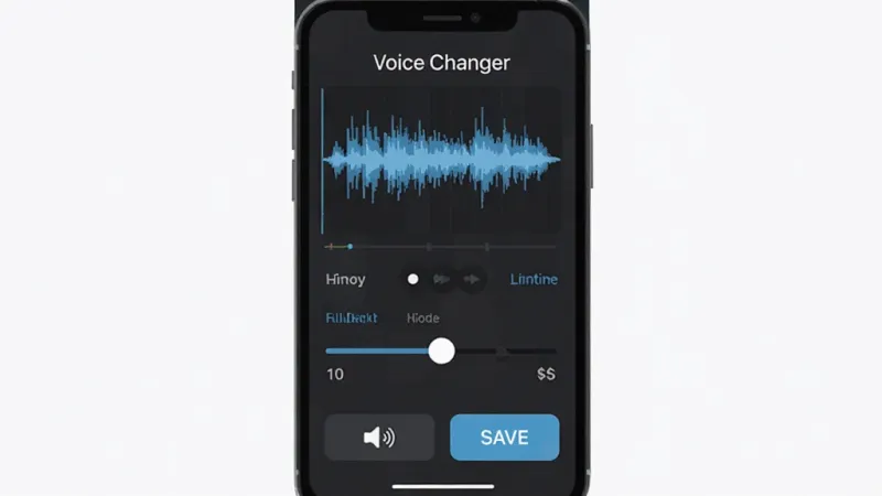 一张展示Voice Changer录音编辑界面的图片,手机屏幕中显示音频波形图和音效调节滑块,底部有试听和保存按钮,界面文字包含