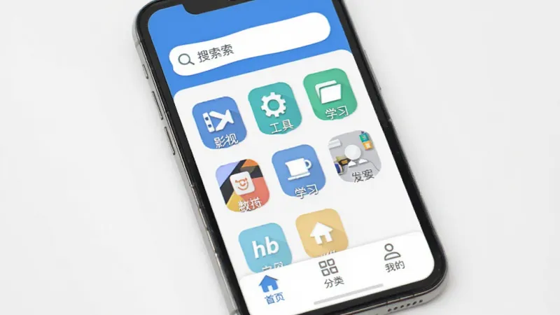 手机屏幕显示hb卷卷网应用主界面,顶部是简洁的搜索栏,中间是网格状分类图标,包含影视、工具、学习等标签,底部是首页、分类、我的三个导航按钮,整体以蓝白色调为主,扁平化设计风格,界面干净整洁,画质清晰,无多余元素
