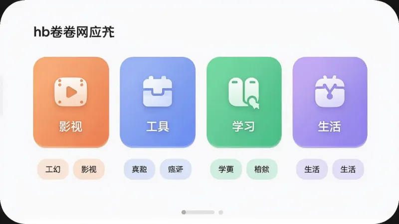 hb卷卷网应用内的资源分类页面,屏幕上展示着影视、工具、学习、生活四个彩色分类模块,每个模块下方有二级标签,画面以浅色背景为主,图标设计简约圆润,排版整齐,风格现代清新,画质干净