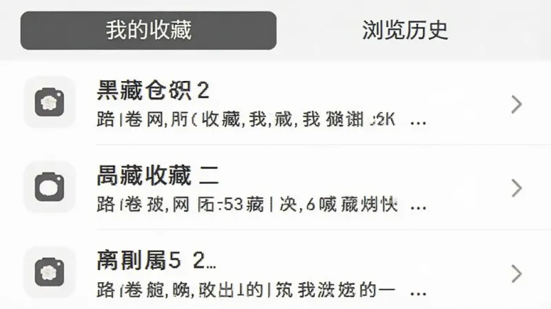hb卷卷网应用的收藏与历史记录页面,列表展示着用户收藏的资源条目,每条左侧有小图标,右侧有标题和简短描述,顶部有“我的收藏”和“浏览历史”两个切换标签,界面布局清晰,文字标签明确,风格简洁扁平,画质干净