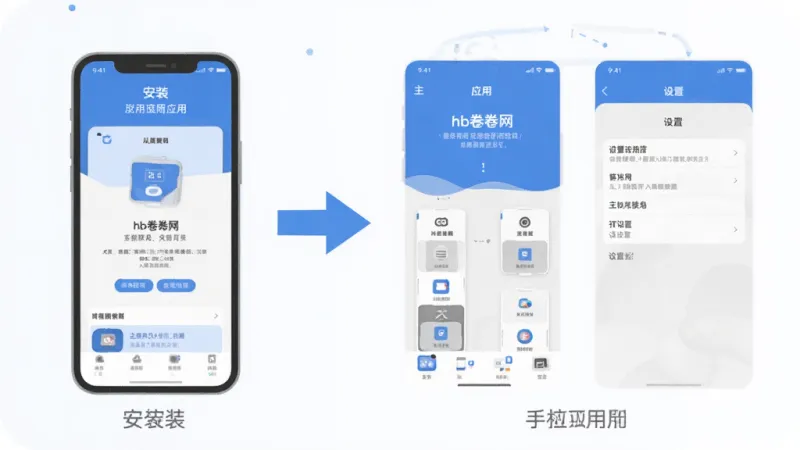hb卷卷网应用在手机上的操作流程示意图,画面左侧是手机屏幕显示安装界面,右侧是应用主界面和设置页面,用箭头连接展示从安装到使用的步骤,风格扁平化信息图,色彩以蓝白灰为主,布局清晰,画质干净