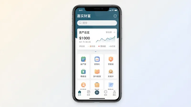 一张展示嘉实财富App核心界面的手机屏幕截图，画面中央是手机模型，屏幕显示嘉实财富App首页，顶部有“嘉实财富”字样和搜索栏，中间是资产总览卡片和功能图标区，底部为导航栏，背景为浅色渐变，风格简洁现代，细节清晰，画质干净无多余元素