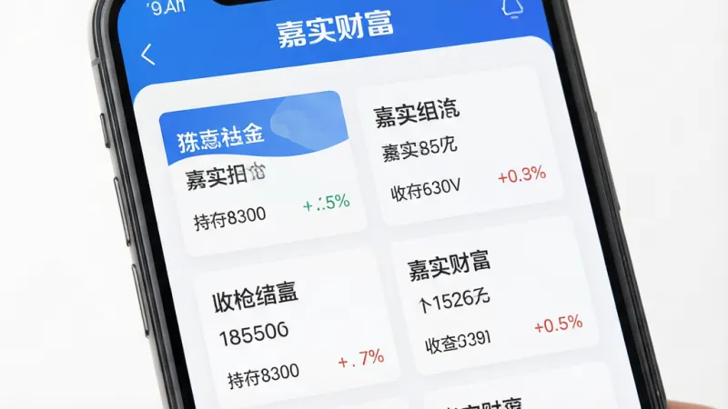 手机屏幕展示嘉实财富App的基金持仓页面，画面中有“嘉实财富”标识，页面显示多只基金的名称、持仓金额和收益率，采用卡片式布局，配色以蓝白为主，风格清爽干净，细节清晰，画质干净无多余元素