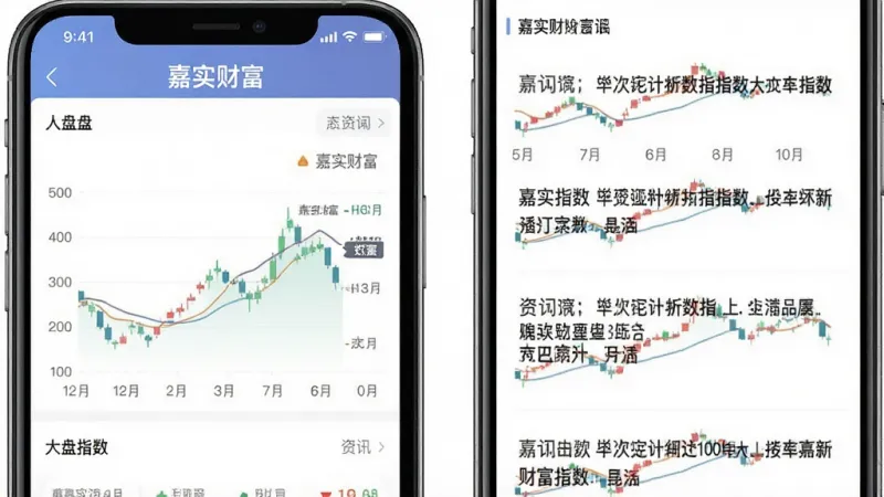 嘉实财富App的行情资讯页面截图，手机屏幕显示大盘指数走势图和资讯列表，顶部有“嘉实财富”字样，页面布局清晰，图表配色柔和，风格专业简洁，画质干净无多余元素