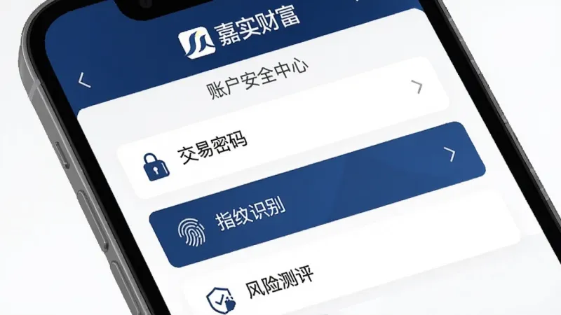 嘉实财富App的安全设置页面截图，手机屏幕显示账户安全中心界面，包含“交易密码”“指纹识别”“风险测评”等选项，顶部有“嘉实财富”标识，界面风格稳重简洁，配色以深蓝和白色为主，细节清晰，画质干净无多余元素