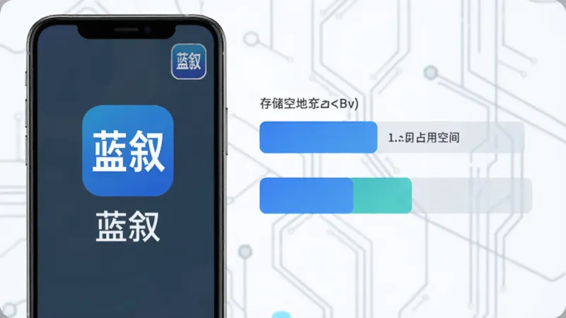 一张表现蓝叙轻量聊天特性的示意图,画面左侧是一部手机显示蓝叙图标和“蓝叙”名称,右侧是存储空间对比条,蓝叙占用空间明显小于其他应用,背景为浅色科技感线条,风格简洁扁平,画质干净
