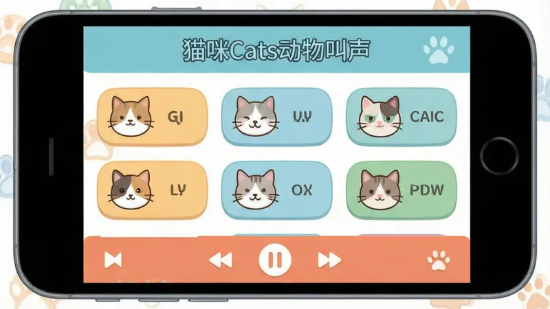一张手机应用界面展示图,主体是一部智能手机,屏幕上显示着猫咪Cats动物叫声软件的主界面,布局为顶部是软件名称“猫咪Cats动物叫声”,中间是排列整齐的猫咪叫声分类按钮,每个按钮旁配有不同品种猫咪的小头像图标,底部是播放控制条,风格为扁平化卡通设计,细节圆润,画质干净清晰,无多余元素