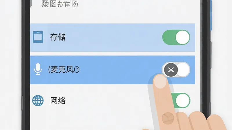 一张手机设置界面的示意图,画面中展示安卓系统的应用权限管理页面,高亮标注出“存储”“麦克风”“网络”等权限开关,旁边有手指正在点击关闭网络权限的图标,风格为扁平化信息图设计,配色清爽,画质干净无多余元素