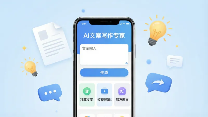一张展示AI文案写作专家软件全貌的场景图,画面中央是一部智能手机,手机屏幕上显示着软件的主界面,界面顶部有“AI文案写作专家”字样,中间是文案输入框和生成按钮,下方排列着种草文案、短视频脚本、朋友圈文案等功能卡片,手机周围漂浮着文档、灯泡、对话气泡等元素,背景是简洁的浅蓝色渐变,风格现代清新,细节干净,画质高清无多余元素