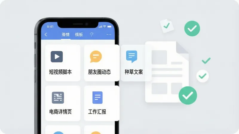 一张展示AI文案写作专家多场景模板功能的图片,画面中一部手机屏幕显示着软件界面,界面上整齐排列着“短视频脚本”“种草文案”“朋友圈动态”“电商详情页”“工作汇报”等场景卡片,每个卡片配有对应的简洁图标,手机旁边漂浮着文档和勾选标记,背景为柔和的浅灰色,风格扁平化设计,布局清晰,画质干净无多余元素