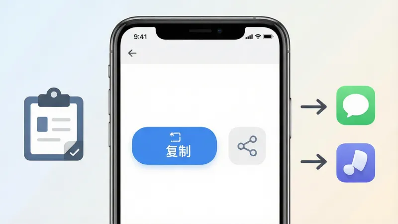 一张展示AI文案写作专家一键复制功能的图片,画面中手机屏幕显示软件界面,界面上有一个醒目的“复制”按钮和一个“分享”图标,屏幕旁边有一个剪贴板图标和指向其他应用图标的箭头,背景为浅色渐变,风格简洁明快,布局直观,画质干净无多余元素