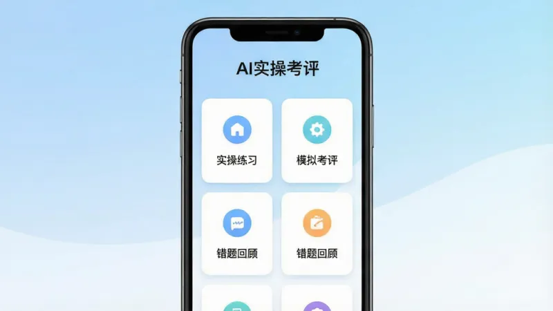一张展示AI实操考评软件全貌的手机应用界面截图,画面中心是一部竖向摆放的智能手机,屏幕内显示AI实操考评的主页,顶部有