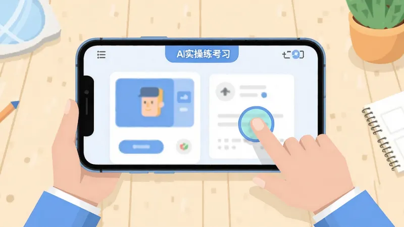 AI实操考评新手使用场景示意图,画面中一部手机横屏显示实操练习界面,旁边有手指点击操作的示意动画效果,背景为浅色桌面环境,风格明快扁平,画质干净,无多余元素