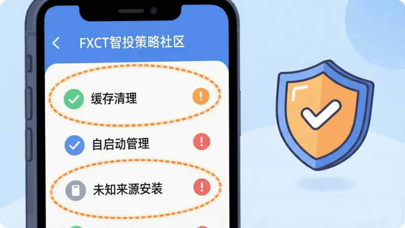 画面主体为一部手机屏幕特写,屏幕上显示“FXCT智投策略社区”的设置页面,页面中“缓存清理”“自启动管理”“未知来源安装”三个选项被高亮圈出,旁边配有对勾和感叹号的小图标;手机右侧悬浮着一个卡通风格的盾牌图标,象征安全防护;背景为浅蓝色渐变;风格为扁平化UI插画;细节上图标线条圆润、高亮圈为橙色虚线;画质清晰干净,无多余背景元素。