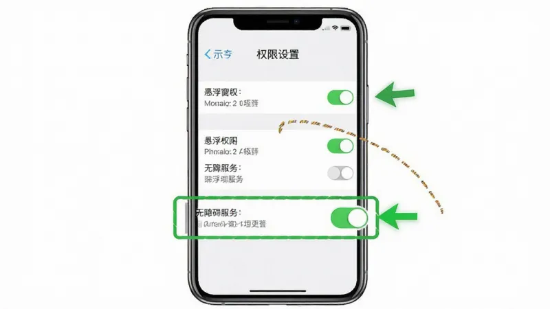 一张展示自动点击器(游戏助手)权限设置步骤的示意图,画面主体是一部手机设置界面截图风格,屏幕上显示应用权限管理页面,高亮标注了悬浮窗权限和无障碍服务两个选项开关,布局上手机居中、权限条目清晰排列,风格简洁教程图示风,细节上开关按钮为绿色高亮状态、旁边有箭头指示,画质干净明了,无多余元素
