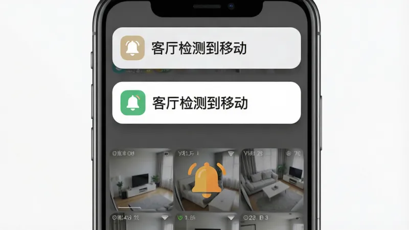 画面主体是一部手机屏幕弹出通知横幅,横幅上写着“客厅检测到移动”,屏幕背景是监控画面缩略图,旁边配一个铃铛图标,布局为手机居中、通知横幅位于屏幕上方三分之一处,风格为扁平化UI展示图,细节上通知卡片有轻微阴影、图标线条圆润,画质干净清爽,无杂乱背景元素