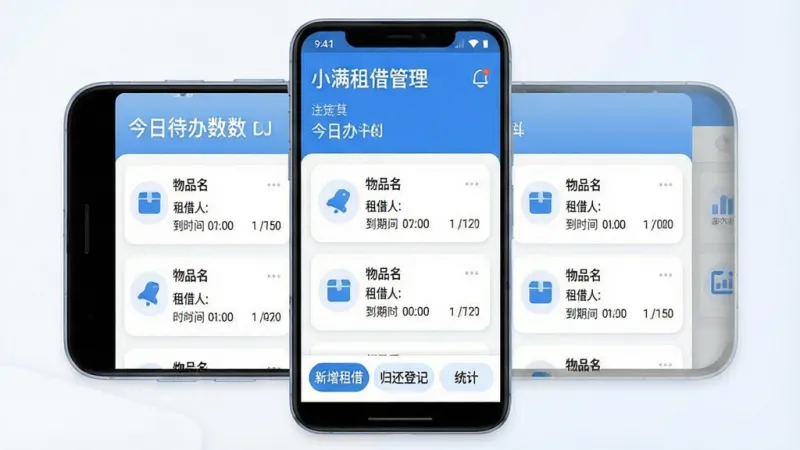 一张手机应用界面展示图,画面中央是一部安卓手机,手机屏幕上显示“小满租借管理”APP的主界面,界面顶部是店铺名称和今日待办数量,中间是租借订单卡片列表,每张卡片显示物品名称、租借人、到期时间,底部有“新增租借”“归还登记”“统计”三个功能按钮,整体布局清晰,风格现代扁平,配色以蓝白为主,细节圆润,画质干净,无多余元素