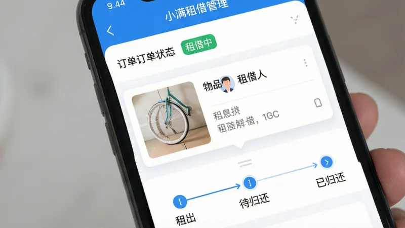 一张手机应用界面特写图,画面展示“小满租借管理”的订单详情页面,页面顶部显示订单编号和状态标签“租借中”,中间是物品照片和租借人信息卡片,下方是时间轴记录,标注“租出”“待归还”“已归还”三个节点,界面风格简洁现代,蓝白配色,画质清晰干净,无多余装饰元素